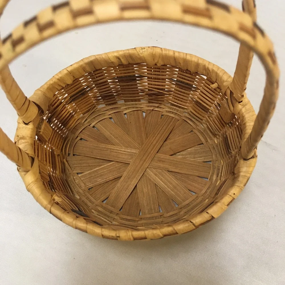 Miniature Woven Basket Small Tan Brown Dual Handle Splint Decor Cottagecore Boho
